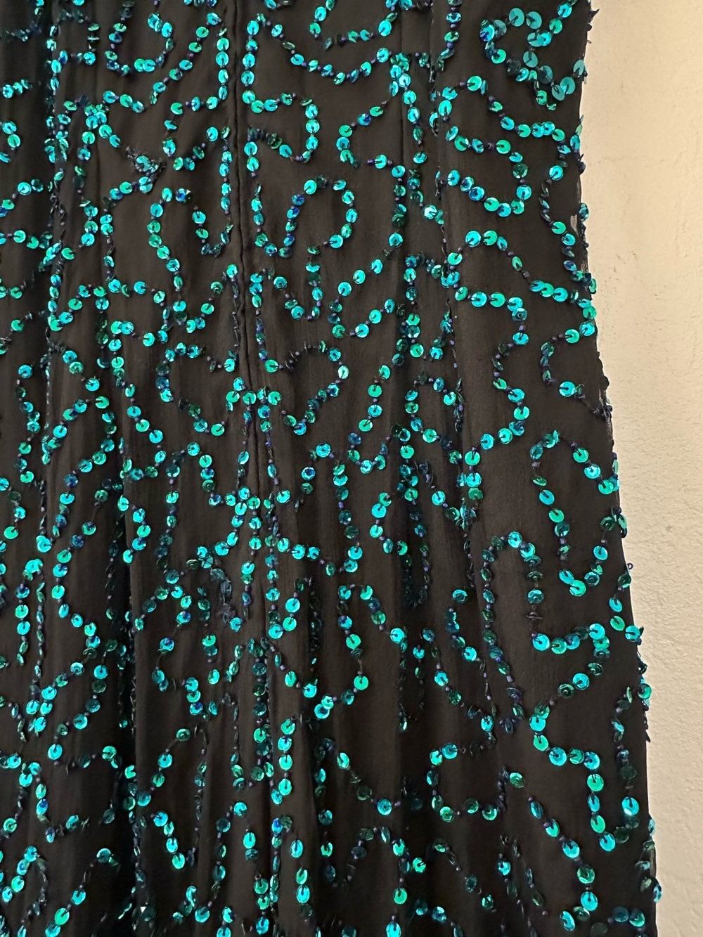 Vintage Laurence Kazar Black Silk Sequin Front Slit Halter Formal Gown, L - Picture 9 of 11